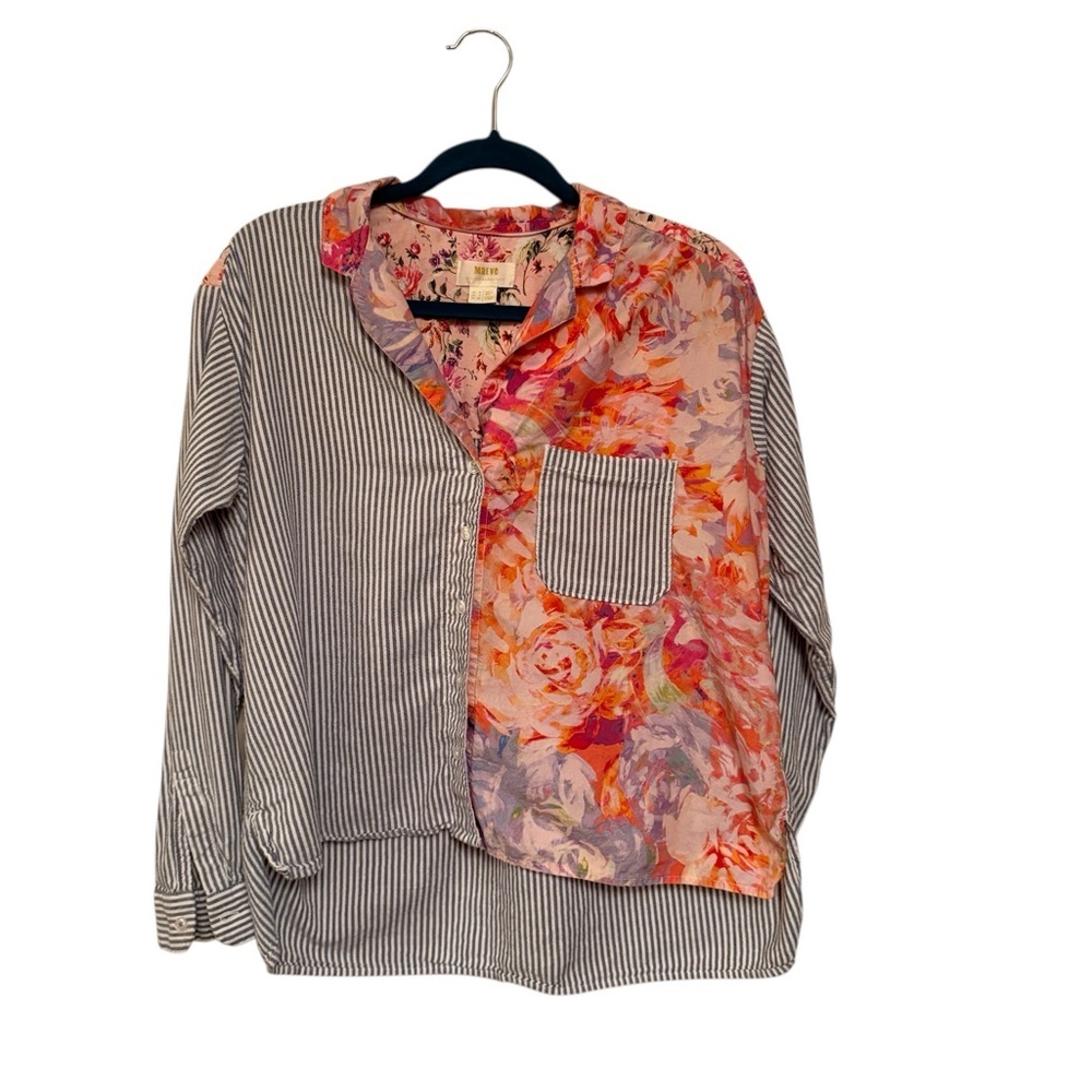 Maeve Pink Floral and Gray Striped Button Down Shirt - Picture 2 of 5